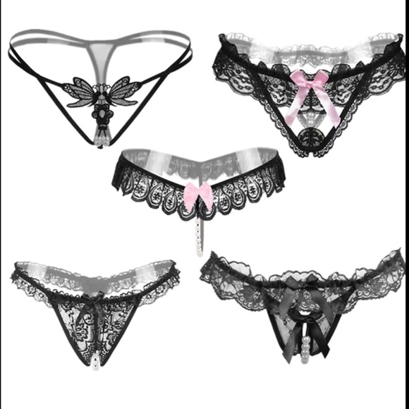 Black Lace 5 Pairs G-String Thong Panties Set - Picture 1 of 6